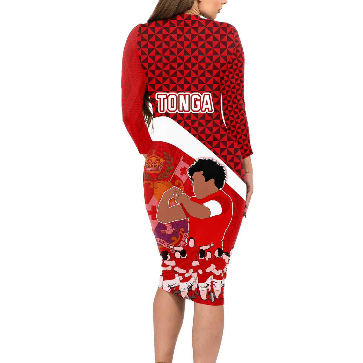 Tonga Rugby Long Sleeve Bodycon Dress Sipi Tau Dance Coat of Arms Ngatu Pattern LT03 - Polynesian Pride