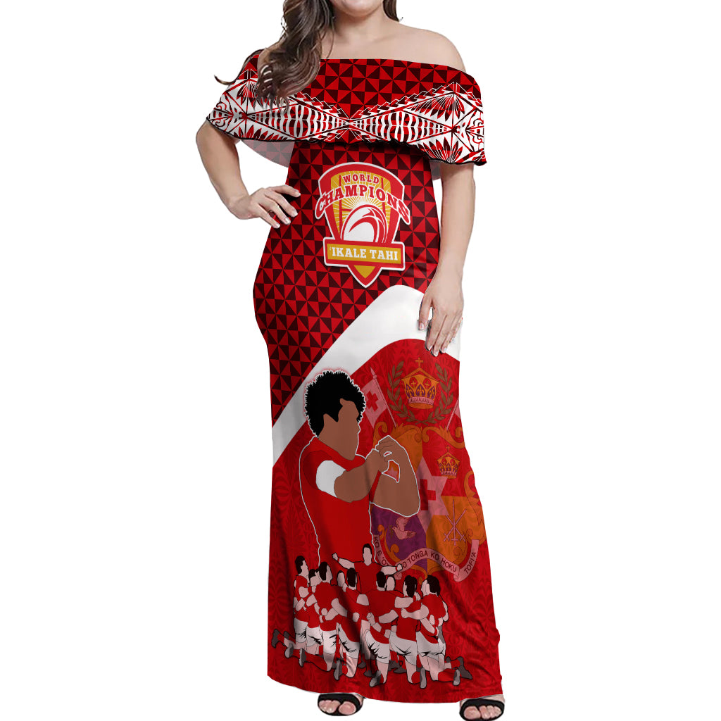 Tonga Rugby Off Shoulder Maxi Dress Sipi Tau Dance Coat of Arms Ngatu Pattern LT03 Women Red - Polynesian Pride