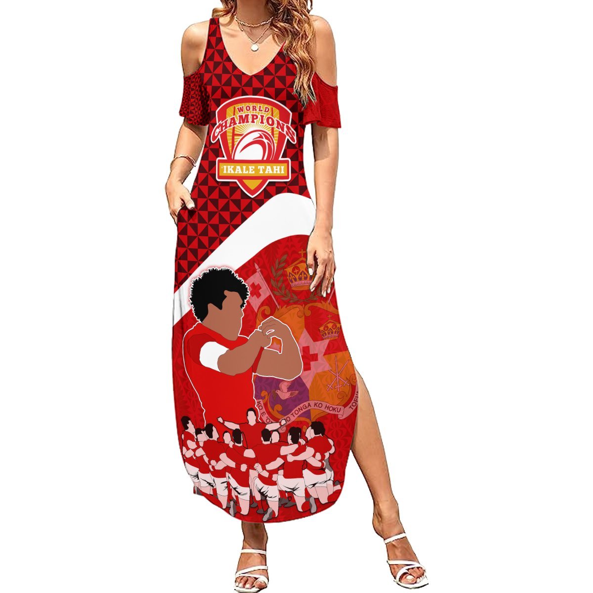 Tonga Rugby Summer Maxi Dress Sipi Tau Dance Coat of Arms Ngatu Pattern LT03 Women Red - Polynesian Pride