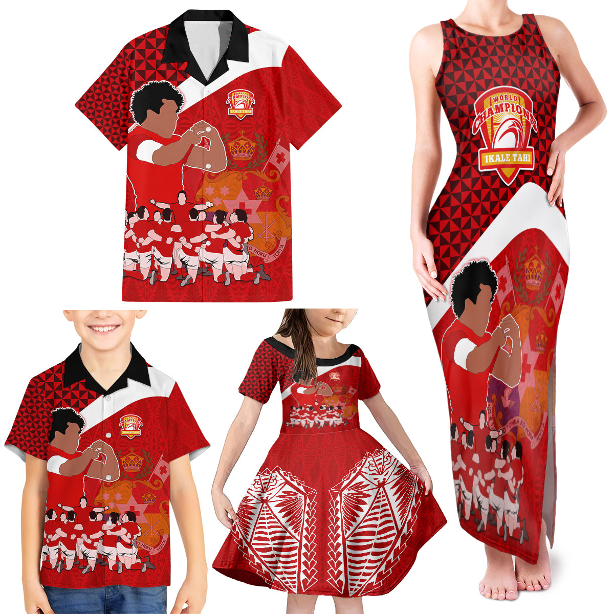 Personalised Tonga Rugby Family Matching Tank Maxi Dress and Hawaiian Shirt Sipi Tau Dance Coat of Arms Ngatu Pattern LT03 - Polynesian Pride