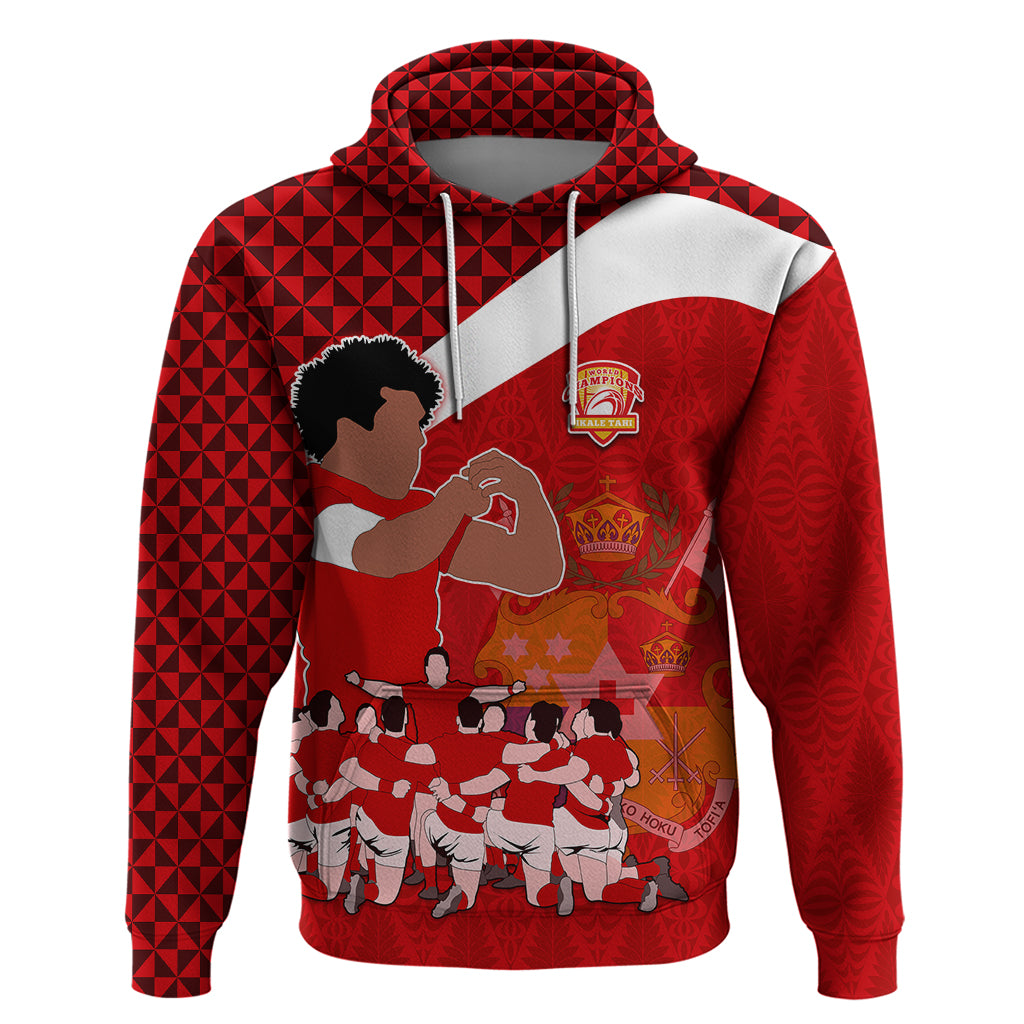 Personalised Tonga Rugby Hoodie Sipi Tau Dance Coat of Arms Ngatu Pattern LT03 Red - Polynesian Pride