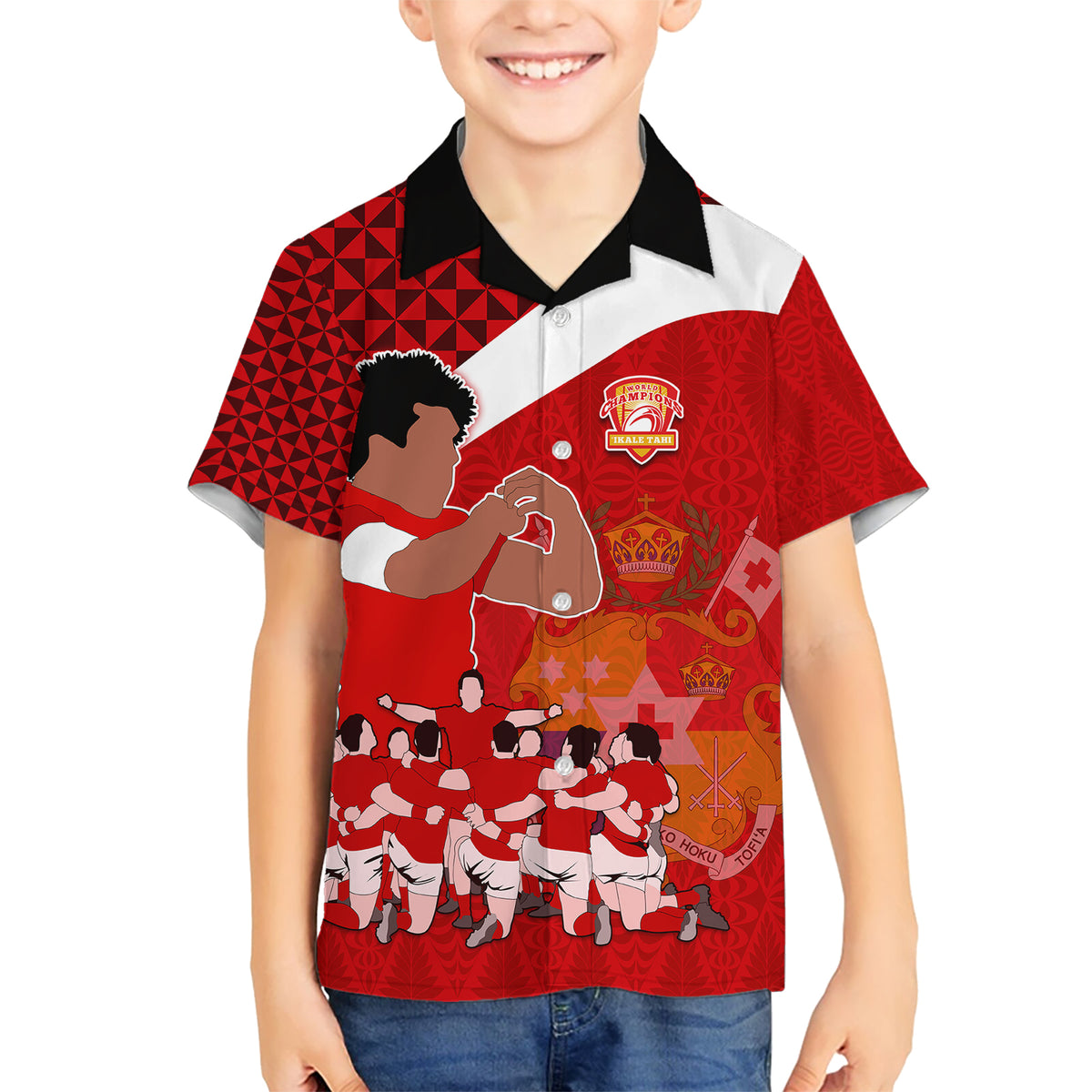 Personalised Tonga Rugby Kid Hawaiian Shirt Sipi Tau Dance Coat of Arms Ngatu Pattern LT03 Kid Red - Polynesian Pride