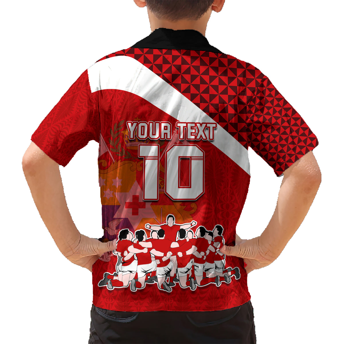 Personalised Tonga Rugby Kid Hawaiian Shirt Sipi Tau Dance Coat of Arms Ngatu Pattern LT03 - Polynesian Pride