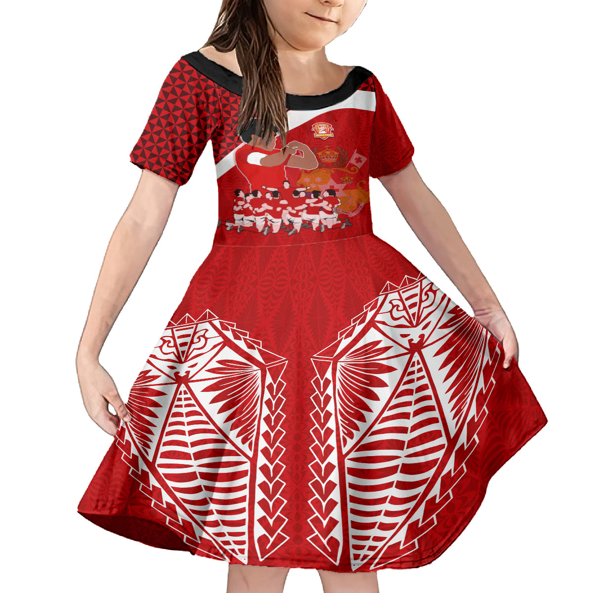 Personalised Tonga Rugby Kid Short Sleeve Dress Sipi Tau Dance Coat of Arms Ngatu Pattern LT03 KID Red - Polynesian Pride