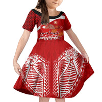 Personalised Tonga Rugby Kid Short Sleeve Dress Sipi Tau Dance Coat of Arms Ngatu Pattern LT03 KID Red - Polynesian Pride
