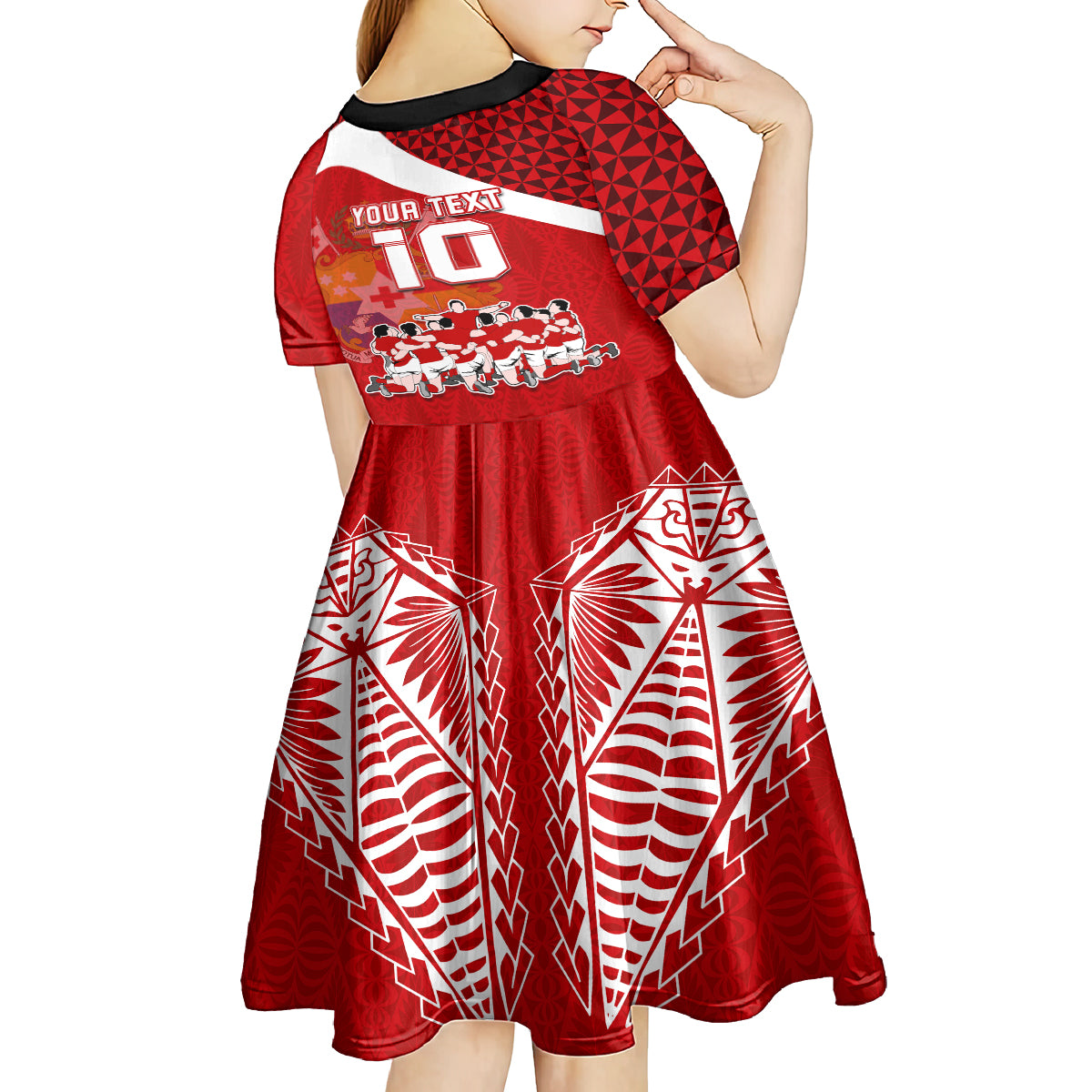 Personalised Tonga Rugby Kid Short Sleeve Dress Sipi Tau Dance Coat of Arms Ngatu Pattern LT03 - Polynesian Pride