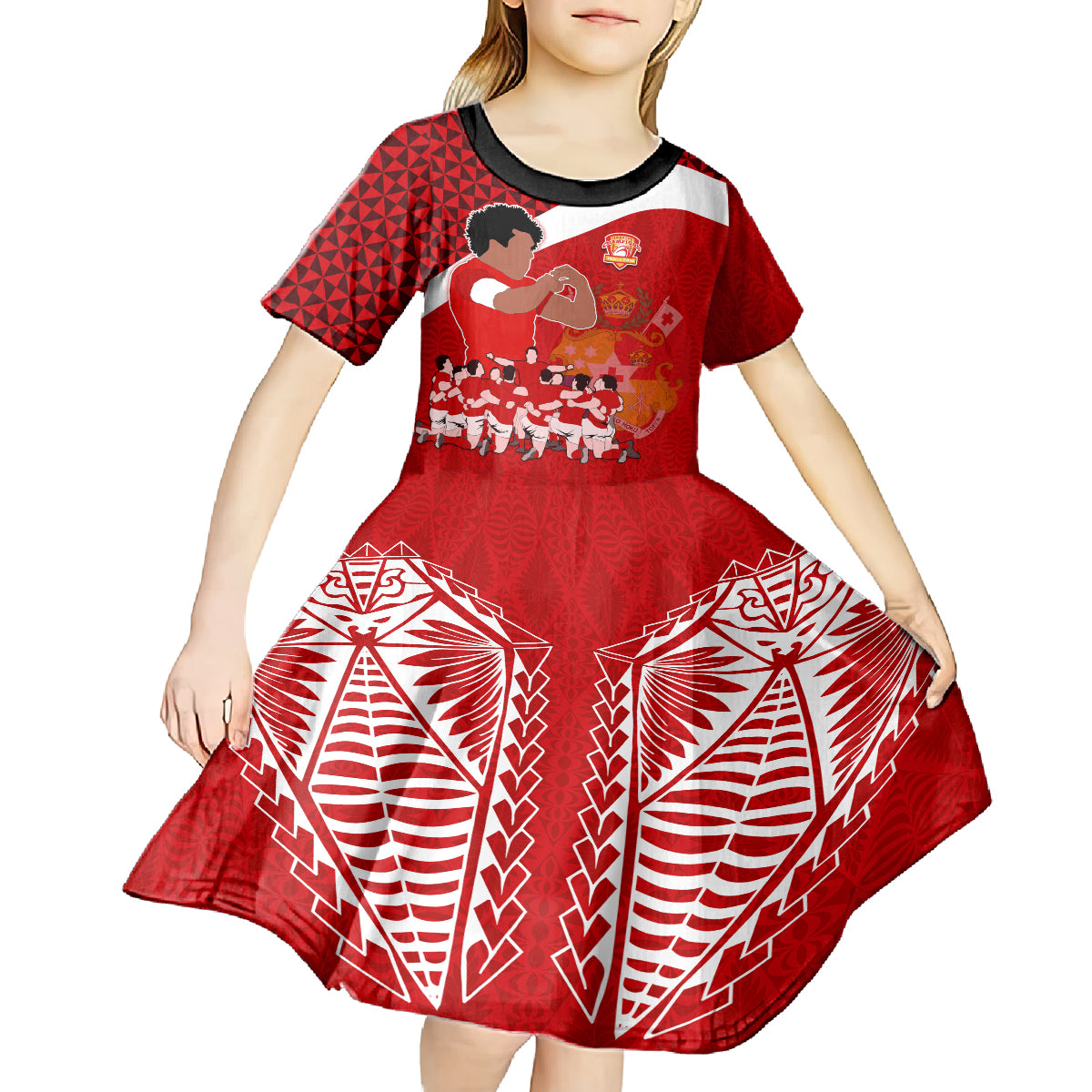 Personalised Tonga Rugby Kid Short Sleeve Dress Sipi Tau Dance Coat of Arms Ngatu Pattern LT03 - Polynesian Pride