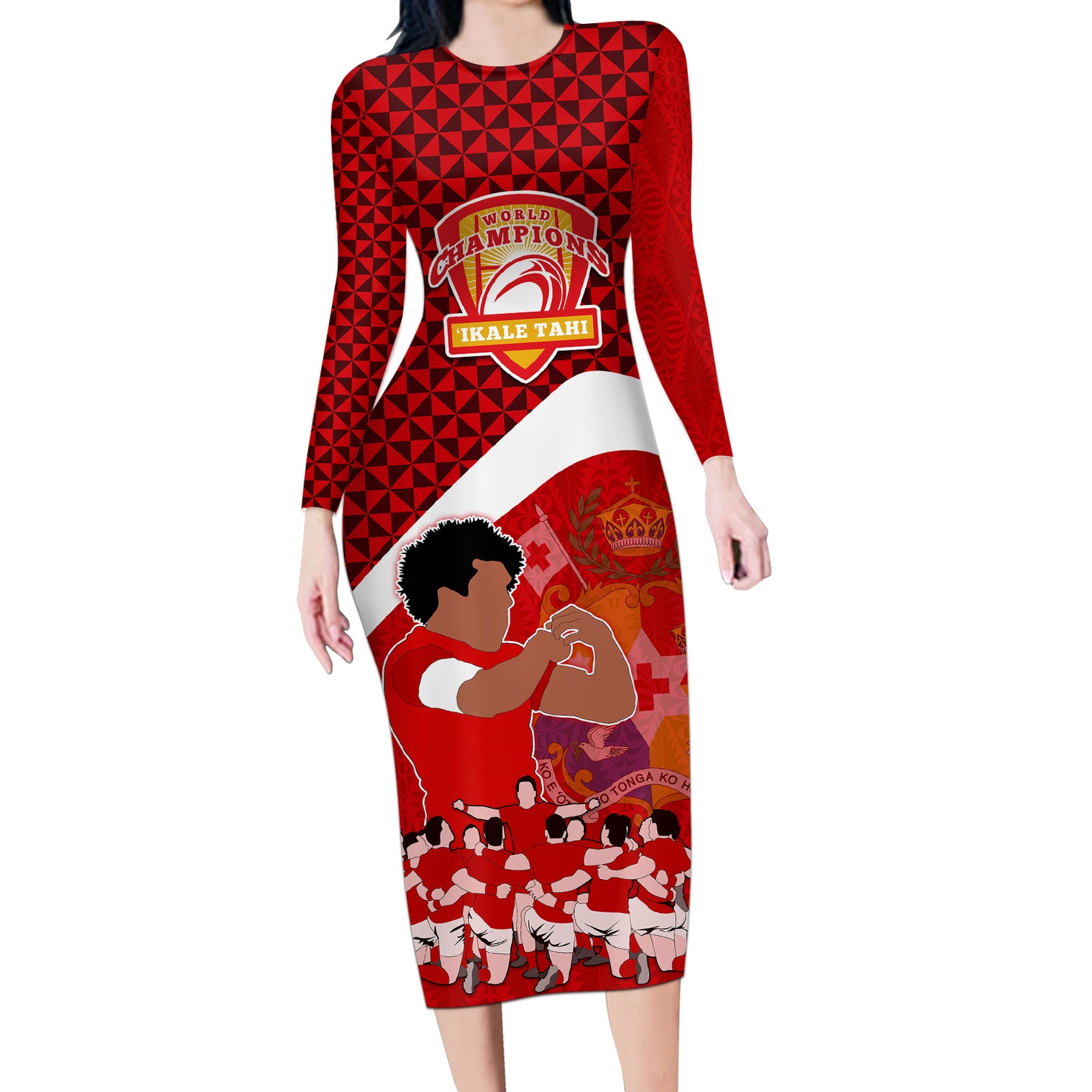 Personalised Tonga Rugby Long Sleeve Bodycon Dress Sipi Tau Dance Coat of Arms Ngatu Pattern LT03 Long Dress Red - Polynesian Pride