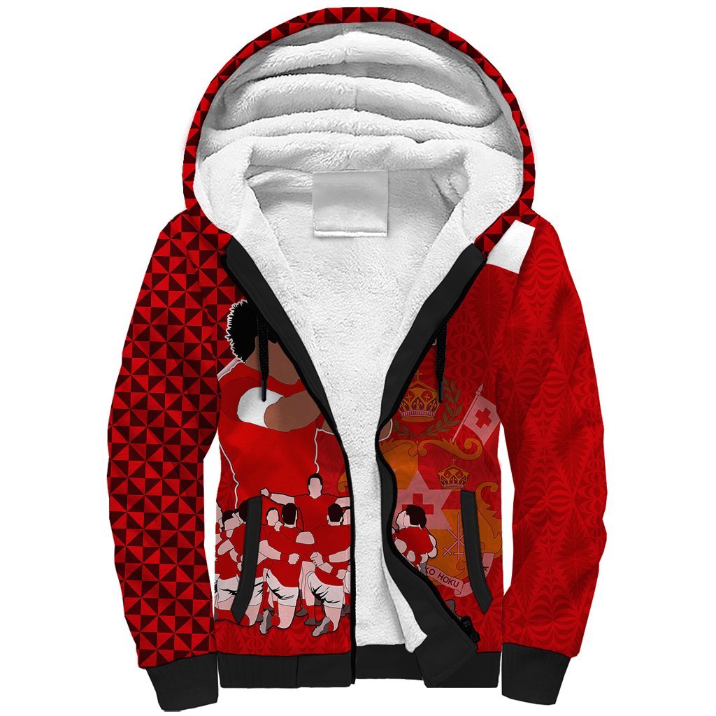 Personalised Tonga Rugby Sherpa Hoodie Sipi Tau Dance Coat of Arms Ngatu Pattern LT03 Unisex Red - Polynesian Pride