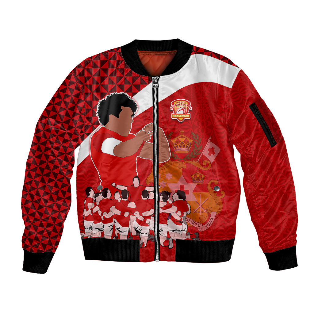 Personalised Tonga Rugby Sleeve Zip Bomber Jacket Sipi Tau Dance Coat of Arms Ngatu Pattern LT03 Unisex Red - Polynesian Pride