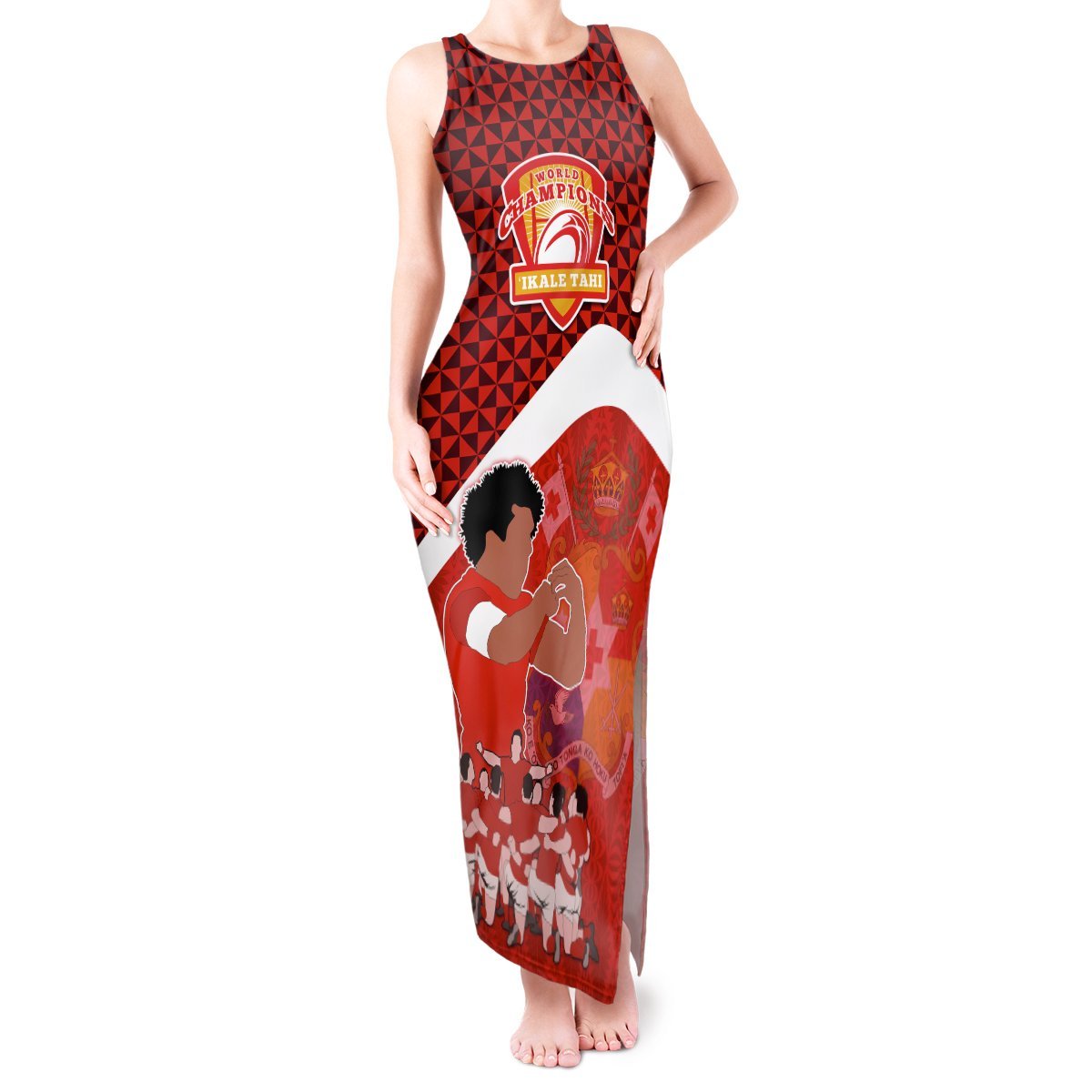 Personalised Tonga Rugby Tank Maxi Dress Sipi Tau Dance Coat of Arms Ngatu Pattern LT03 Women Red - Polynesian Pride