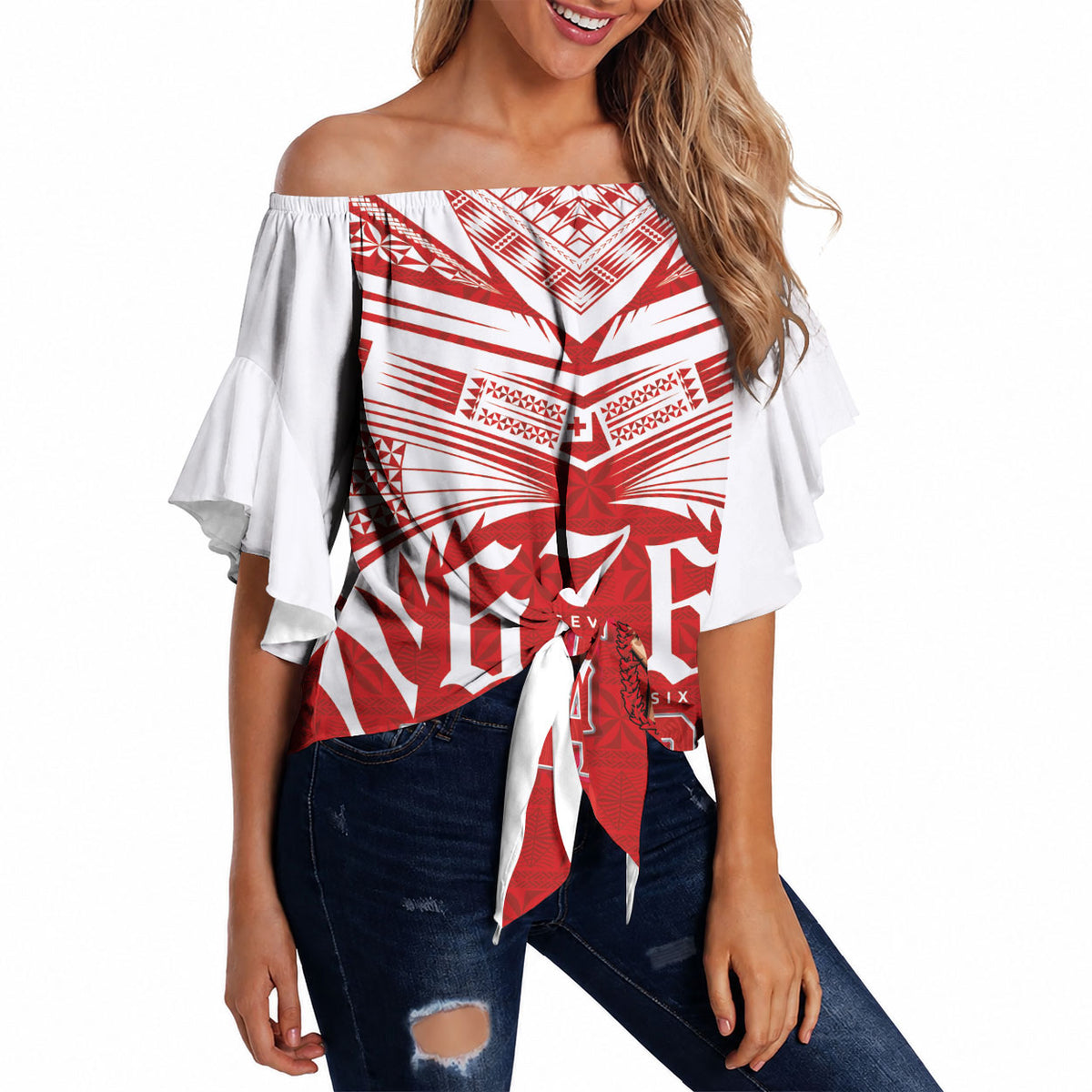 Tonga Rugby Custom Off Shoulder Wrap Waist Top Sipi Tau - Six Seven Six to the World LT03 Red - Polynesian Pride
