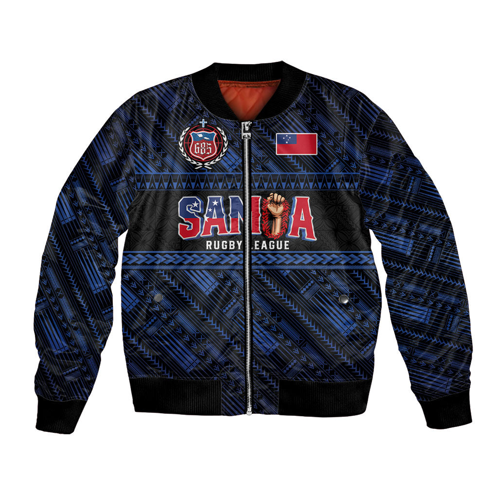 Toa Samoa Rugby Bomber Jacket Siva Tau - Samoan Warriors Pacific Pattern LT03 Unisex Navy - Polynesian Pride