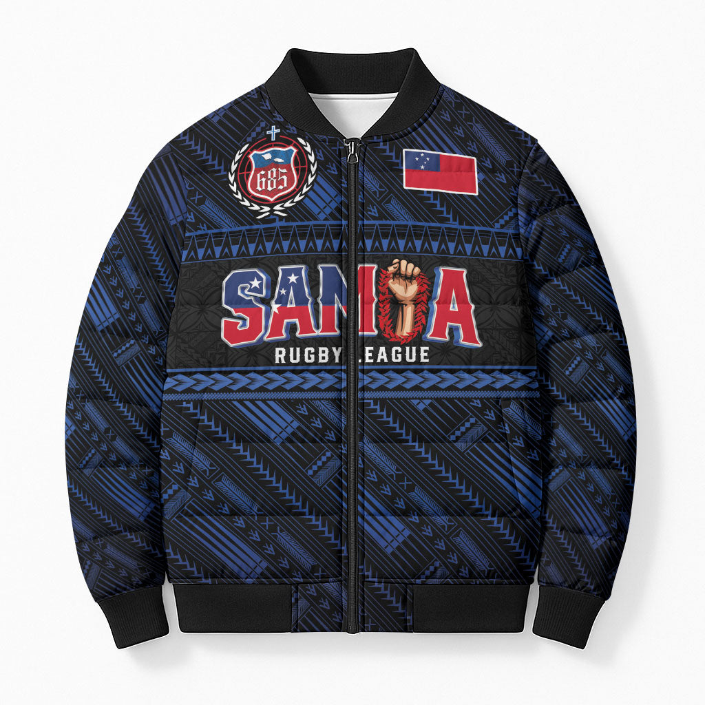 Toa Samoa Rugby Bomber Puffer Jacket Siva Tau - Samoan Warriors Pacific Pattern LT03 Unisex Navy - Polynesian Pride