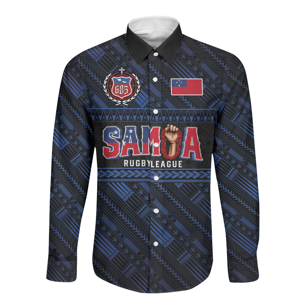 Toa Samoa Rugby Long Sleeve Button Shirt Siva Tau - Samoan Warriors Pacific Pattern LT03 Unisex Navy - Polynesian Pride