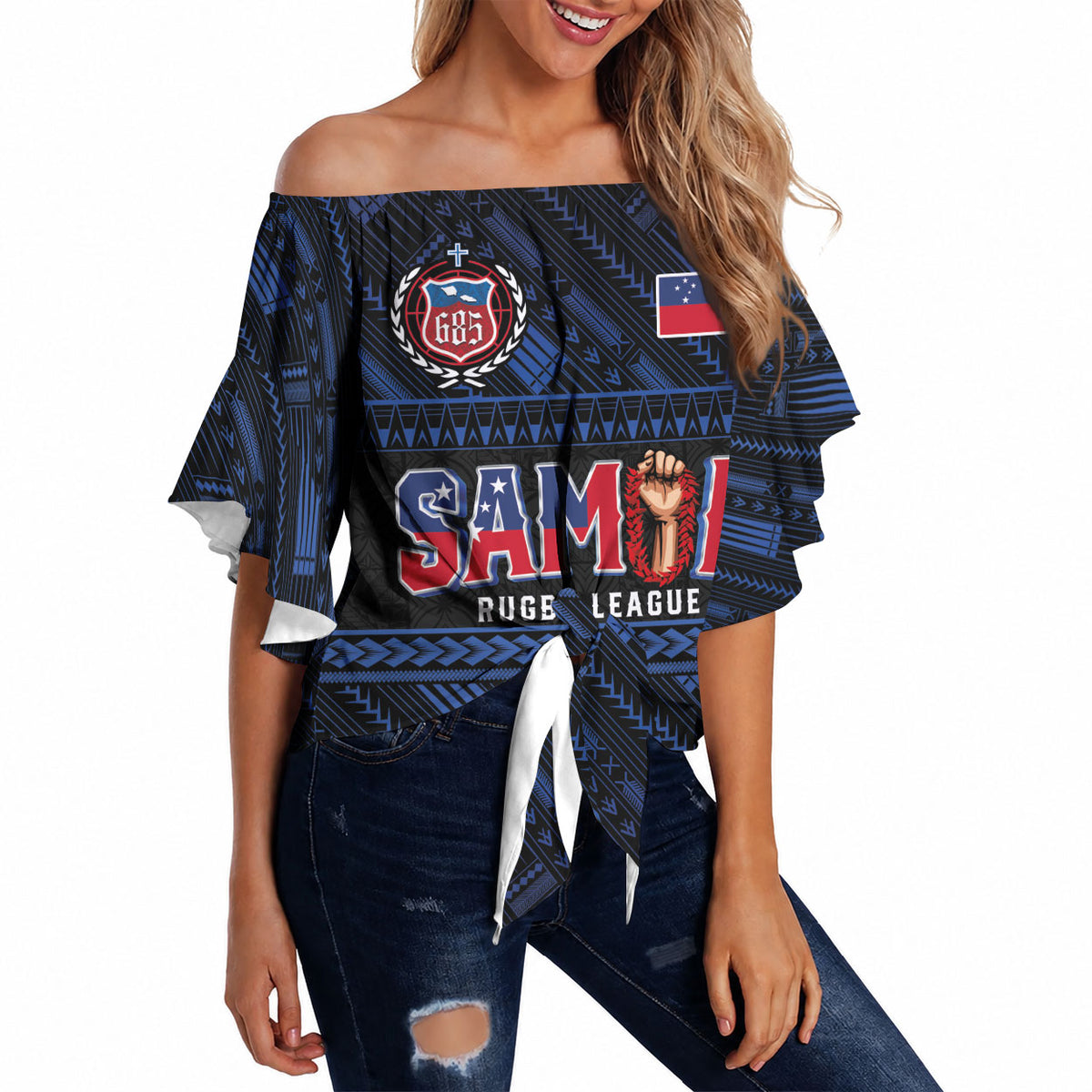 Toa Samoa Rugby Off Shoulder Wrap Waist Top Siva Tau - Samoan Warriors Pacific Pattern LT03 Navy - Polynesian Pride