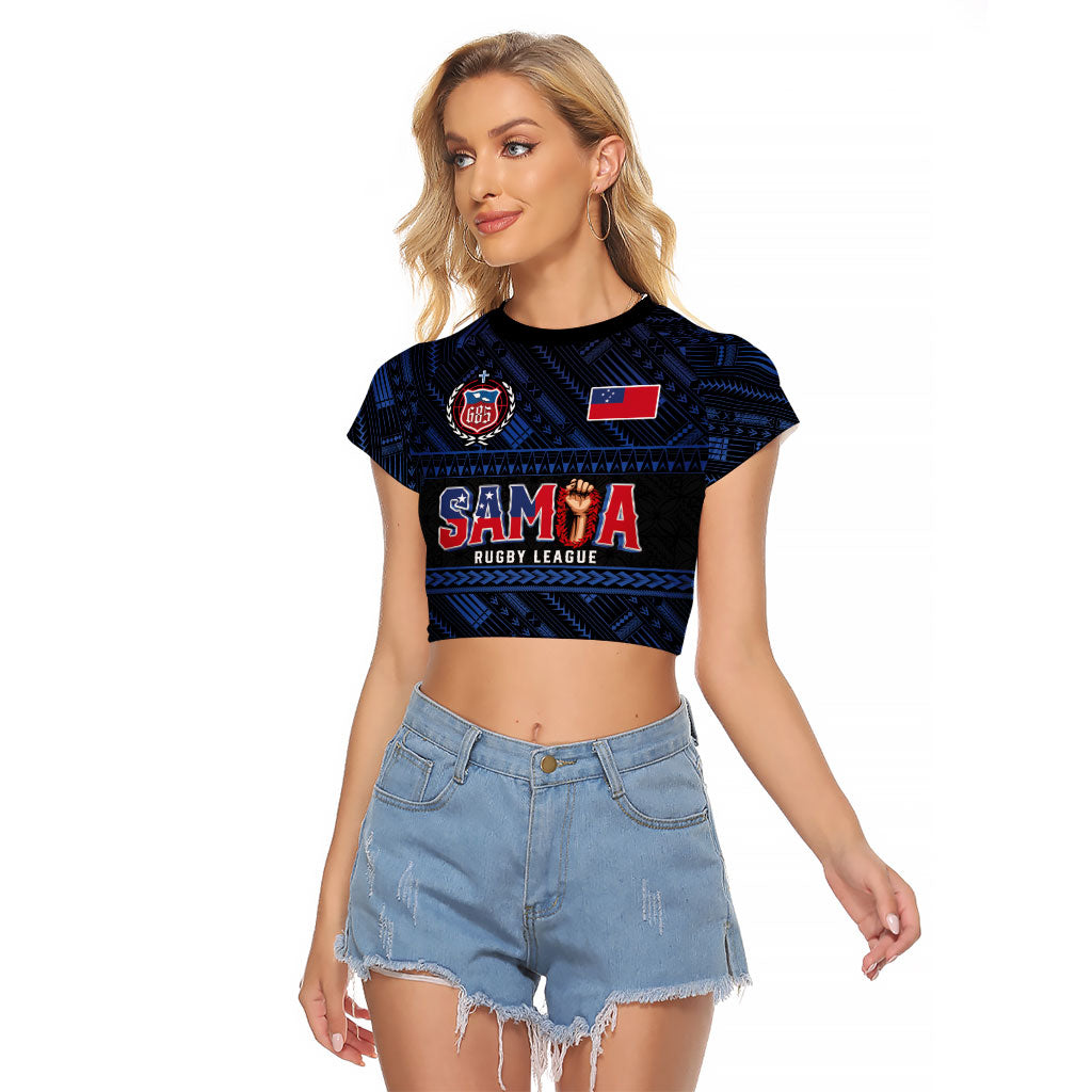Toa Samoa Rugby Raglan Cropped T Shirt Siva Tau - Samoan Warriors Pacific Pattern LT03 Female Navy - Polynesian Pride