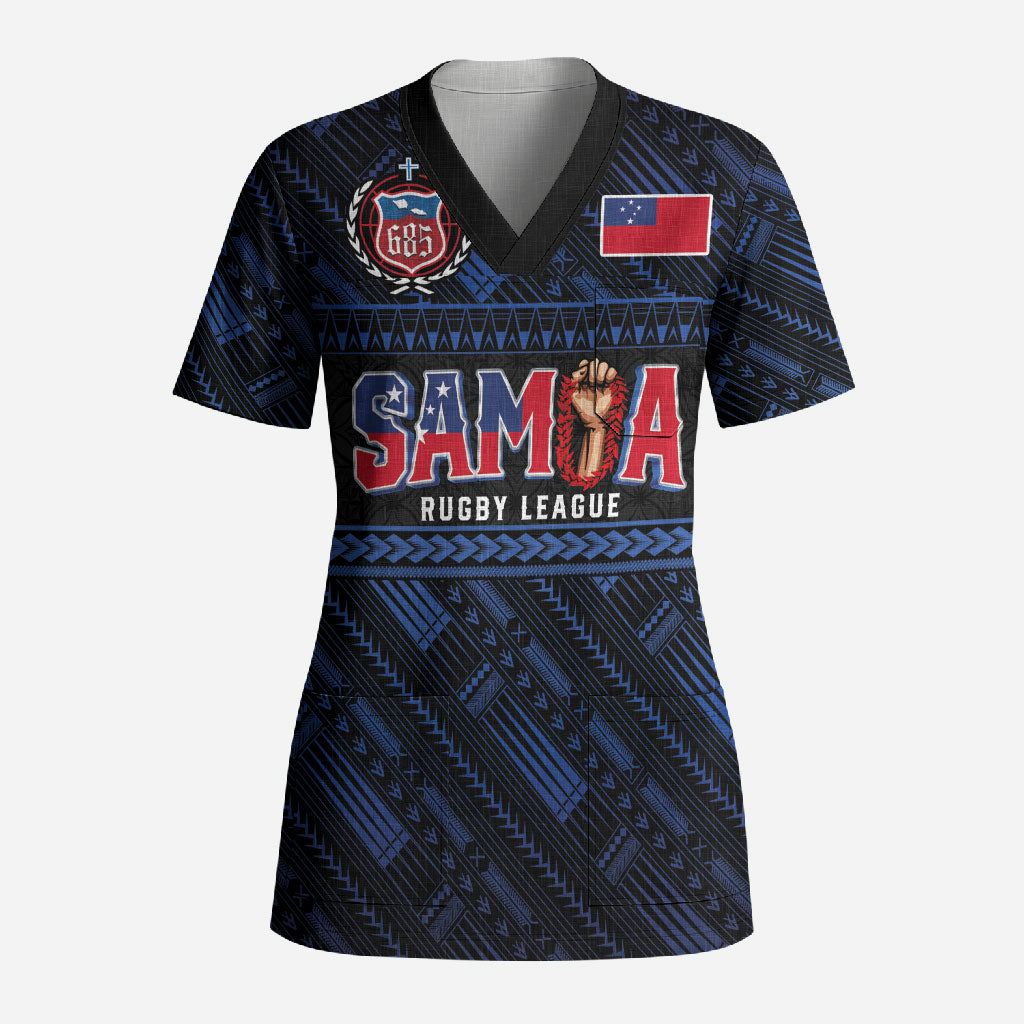 Toa Samoa Rugby Scrub Top Siva Tau - Samoan Warriors Pacific Pattern LT03 Adult Navy - Polynesian Pride