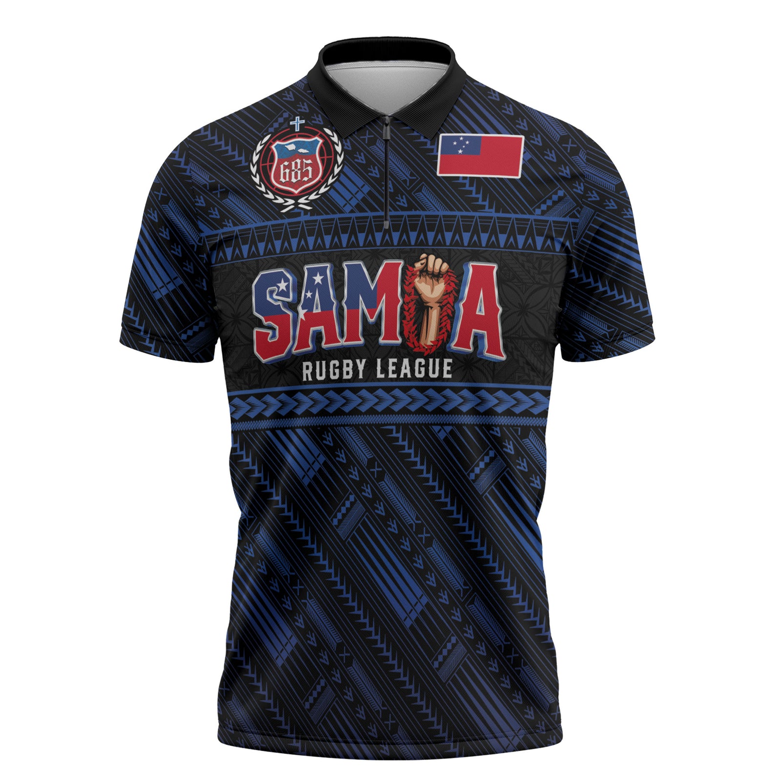 Toa Samoa Rugby Zipper Polo Shirt Siva Tau - Samoan Warriors Pacific Pattern LT03 Navy - Polynesian Pride