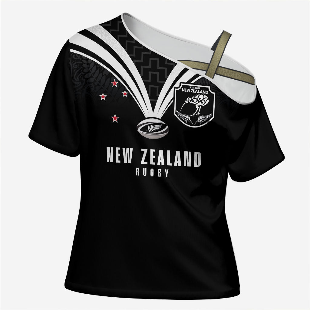 New Zealand Maori Rugby Custom Cross Shoulder Shirt Aotearoa Tribal Motif Retro Concept LT03 Female Black - Polynesian Pride