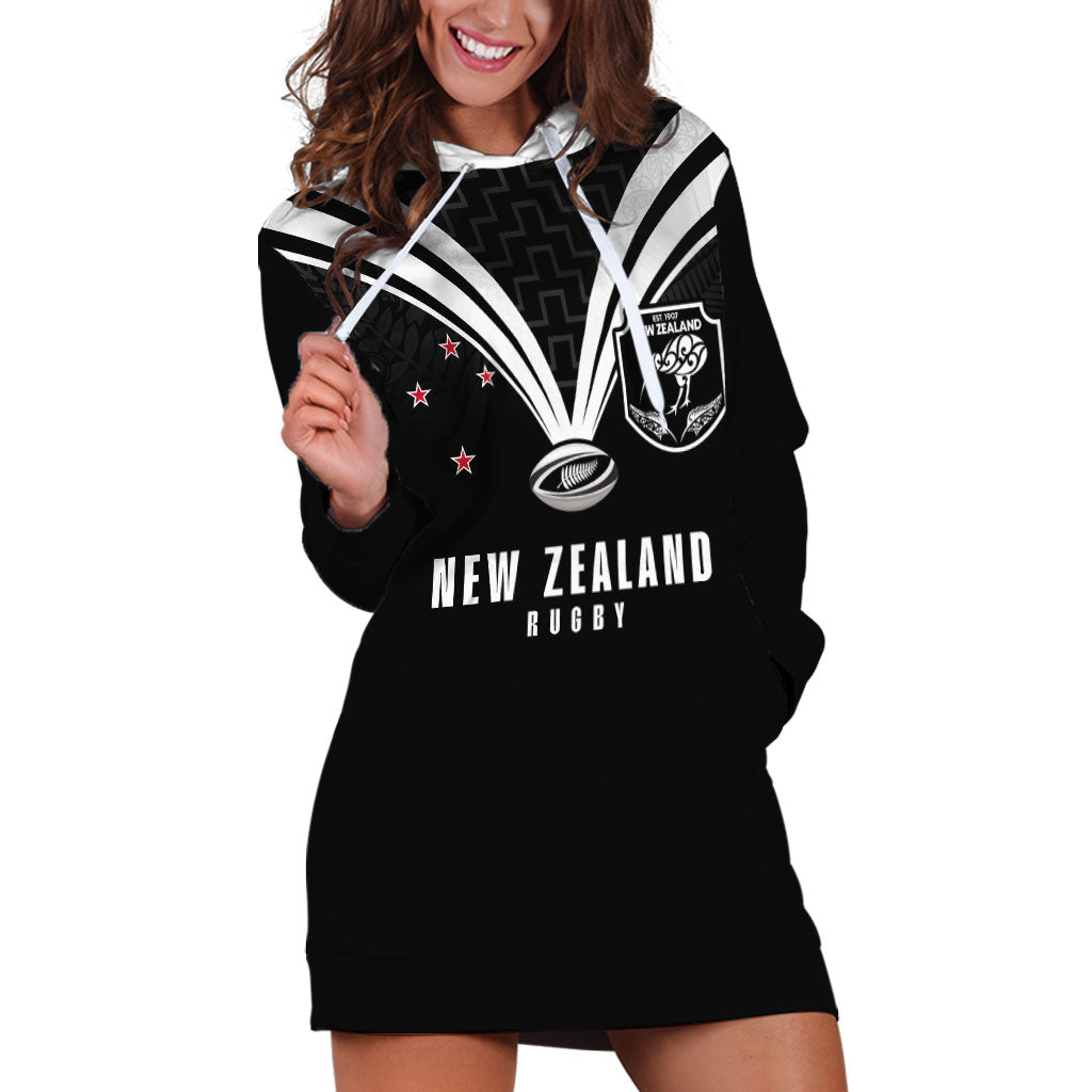 New Zealand Maori Rugby Custom Hoodie Dress Aotearoa Tribal Motif Retro Concept LT03 Black - Polynesian Pride