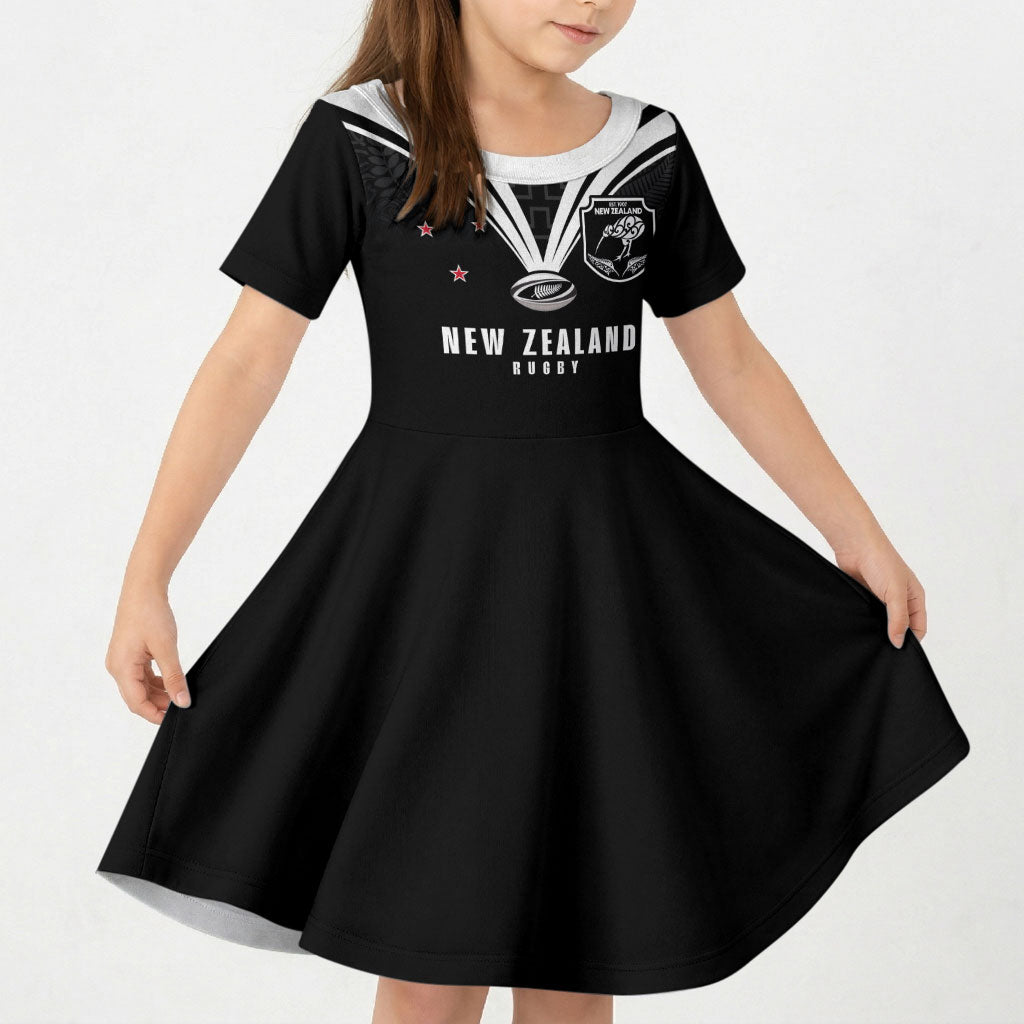 New Zealand Maori Rugby Custom Kid Short Sleeve Dress Aotearoa Tribal Motif Retro Concept LT03 KID Black - Polynesian Pride
