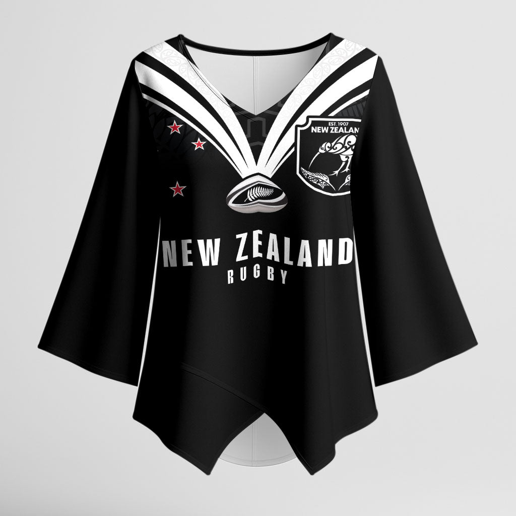 New Zealand Maori Rugby Custom Kimono Sleeve Blouse Aotearoa Tribal Motif Retro Concept LT03 Female Black - Polynesian Pride
