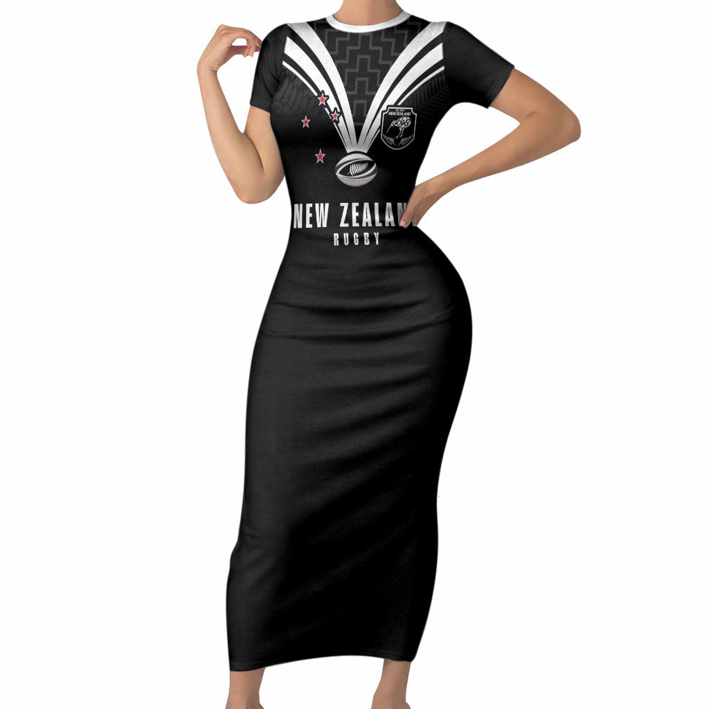 New Zealand Maori Rugby Custom Short Sleeve Bodycon Dress Aotearoa Tribal Motif Retro Concept LT03 Long Dress Black - Polynesian Pride