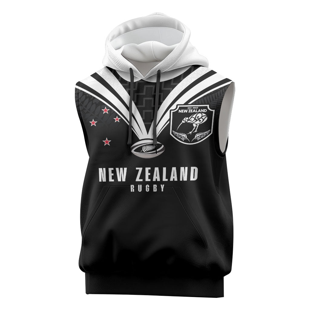 New Zealand Maori Rugby Custom Sleeveless Hoodie Aotearoa Tribal Motif Retro Concept LT03 Black - Polynesian Pride