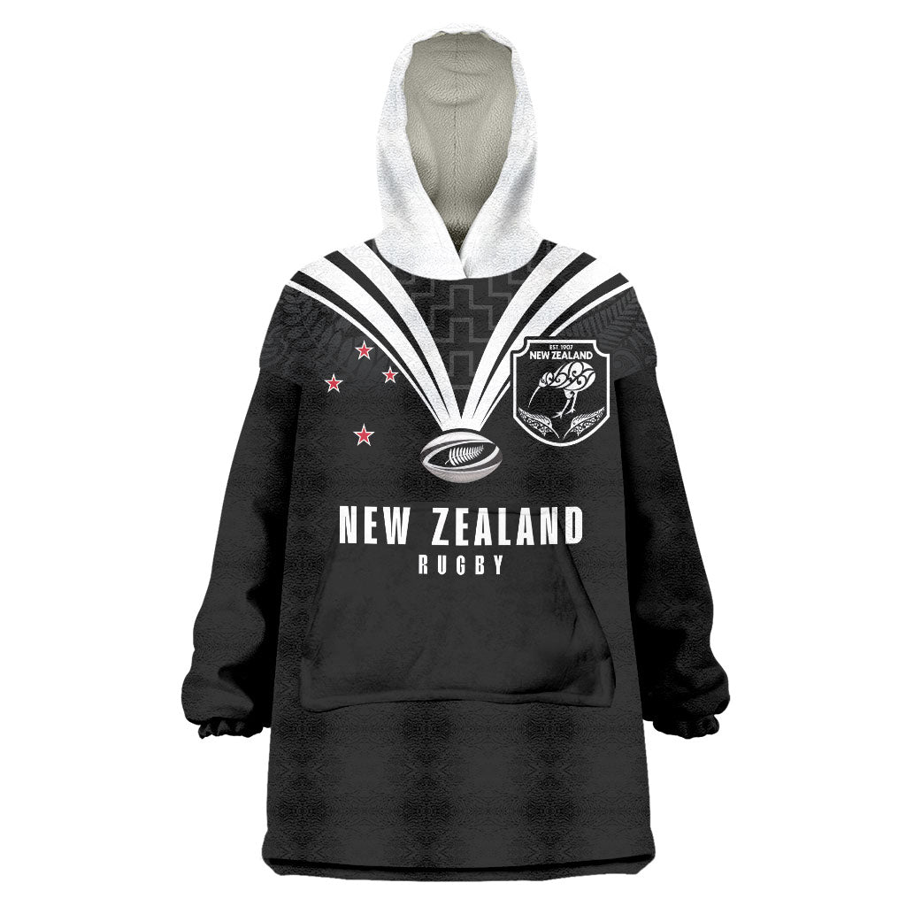 New Zealand Maori Rugby Custom Wearable Blanket Hoodie Aotearoa Tribal Motif Retro Concept LT03 One Size Black - Polynesian Pride