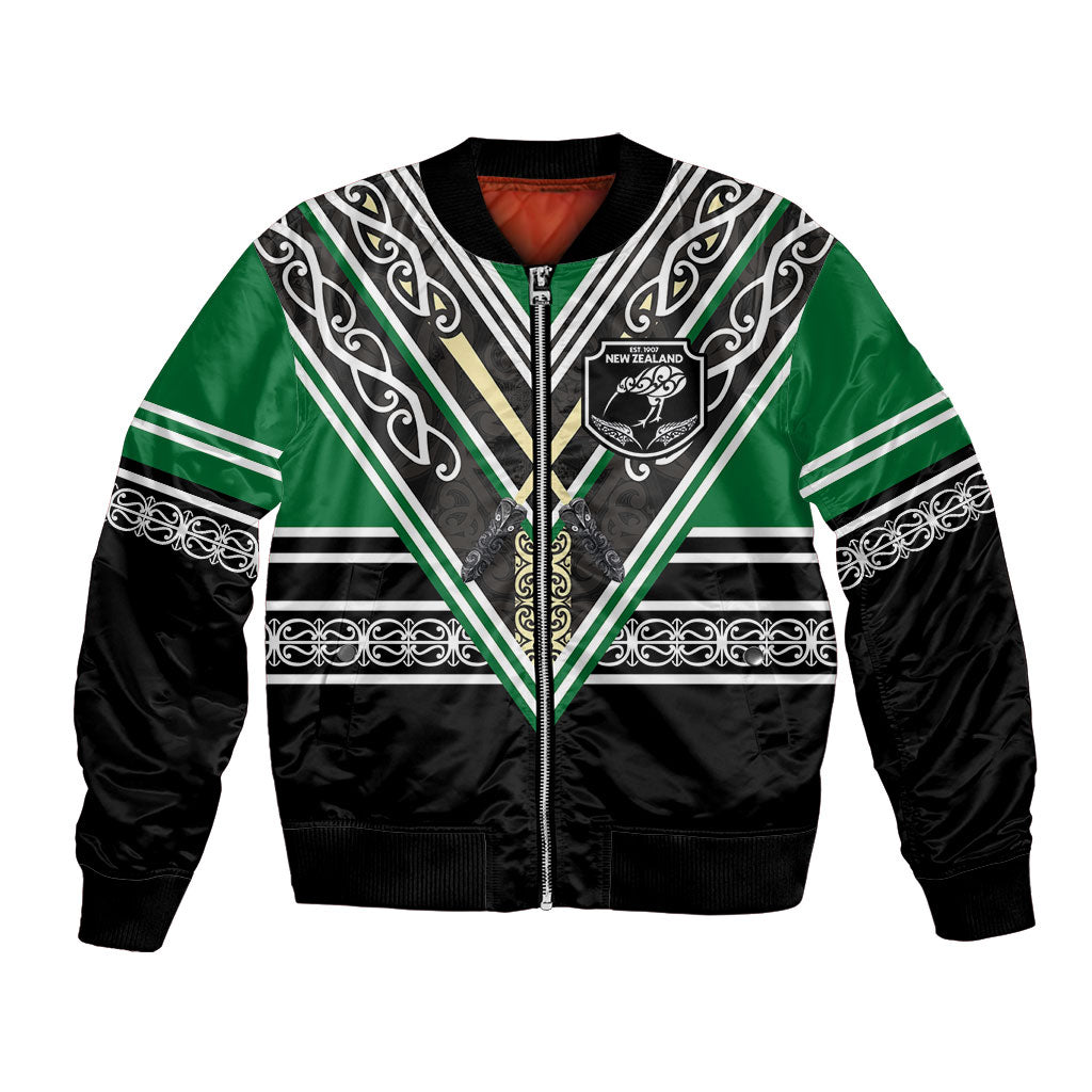 New Zealand Maori Rugby Custom Bomber Jacket Aotearoa Koru Geometric - Naturalistic Green LT03 Unisex Green - Polynesian Pride