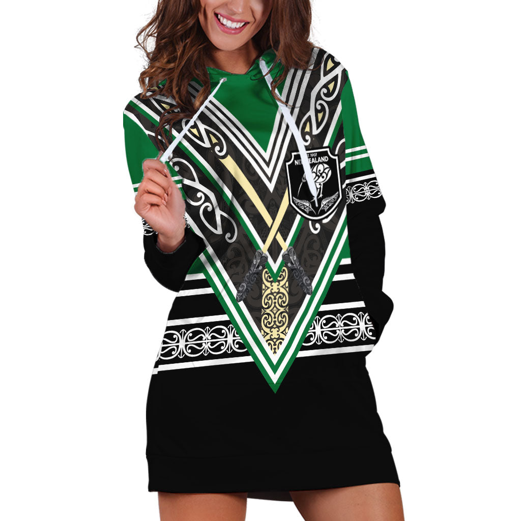 New Zealand Maori Rugby Custom Hoodie Dress Aotearoa Koru Geometric - Naturalistic Green LT03 Green - Polynesian Pride