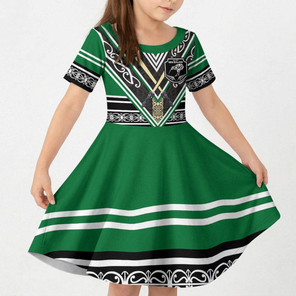 New Zealand Maori Rugby Custom Kid Short Sleeve Dress Aotearoa Koru Geometric - Naturalistic Green LT03 KID Green - Polynesian Pride