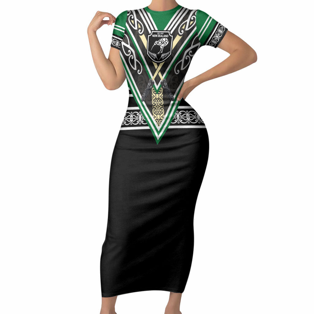 New Zealand Maori Rugby Custom Short Sleeve Bodycon Dress Aotearoa Koru Geometric - Naturalistic Green LT03 Long Dress Green - Polynesian Pride