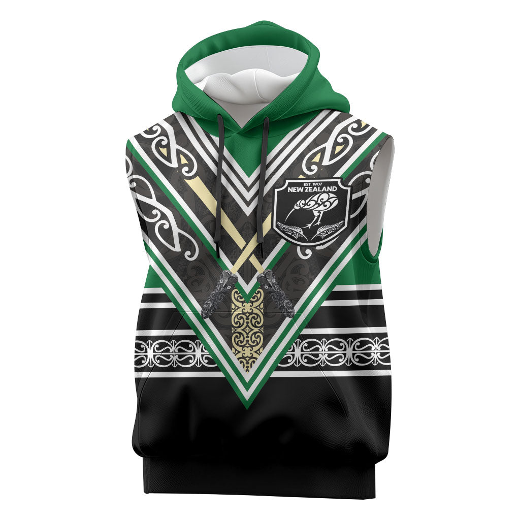New Zealand Maori Rugby Custom Sleeveless Hoodie Aotearoa Koru Geometric - Naturalistic Green LT03 Green - Polynesian Pride
