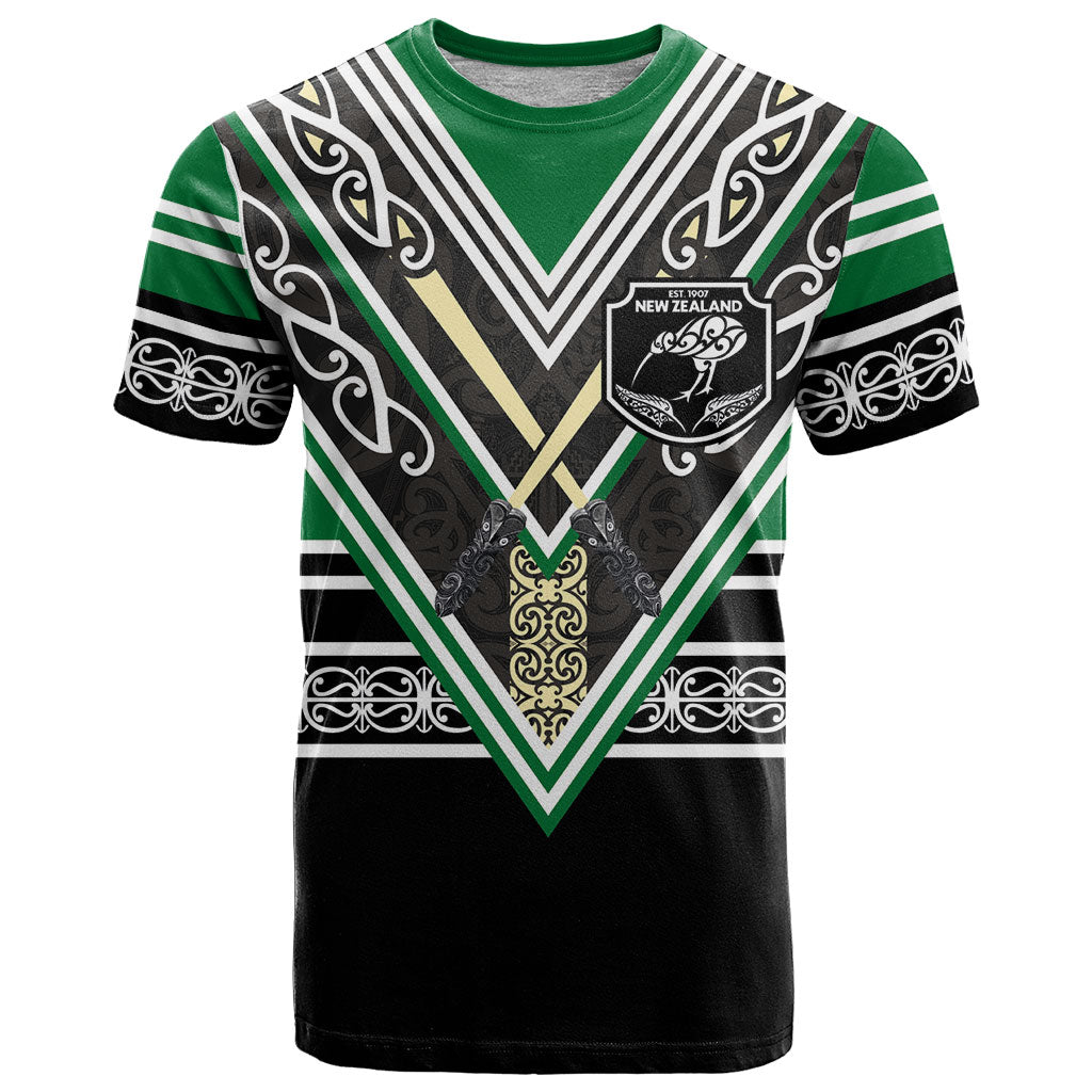 New Zealand Maori Rugby Custom T Shirt Aotearoa Koru Geometric - Naturalistic Green
