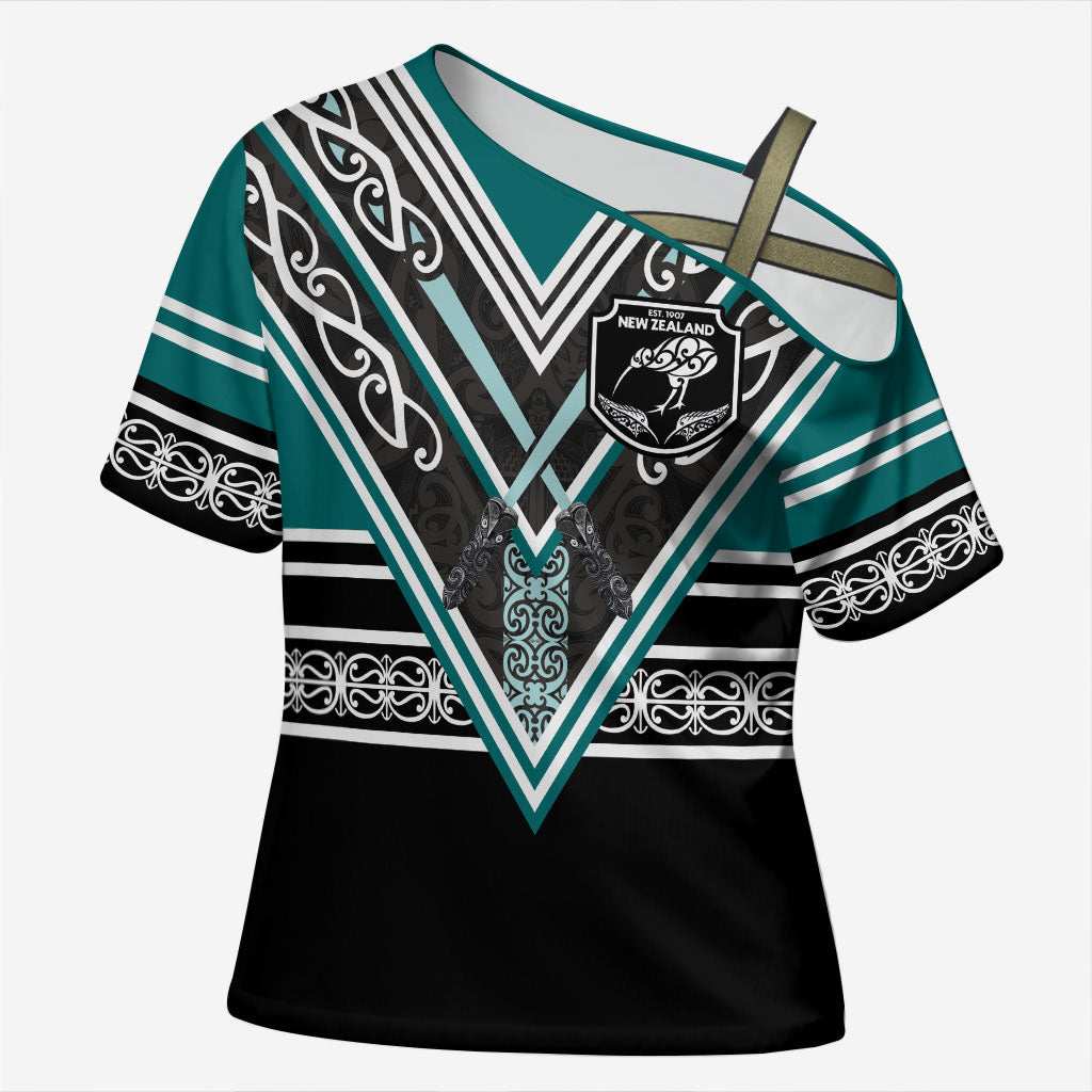New Zealand Maori Rugby Custom Cross Shoulder Shirt Aotearoa Koru Geometric - Oceanic Color LT03 Female Turquoise - Polynesian Pride