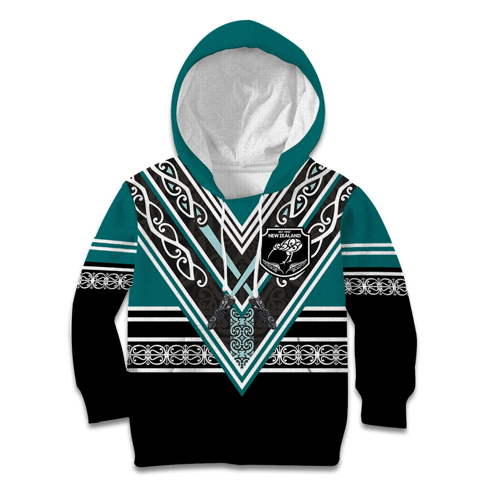 New Zealand Maori Rugby Custom Kid Hoodie Aotearoa Koru Geometric - Oceanic Color LT03 Hoodie Turquoise - Polynesian Pride