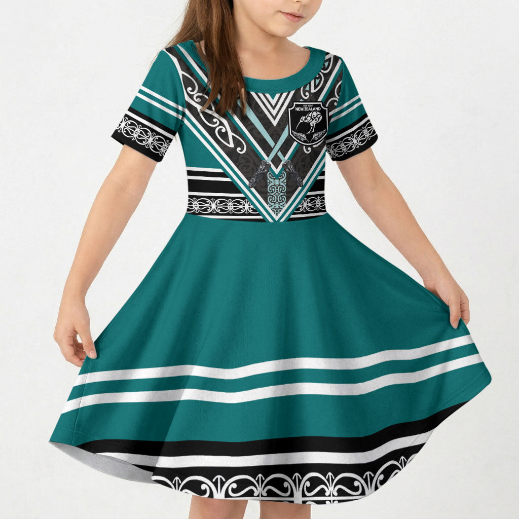 New Zealand Maori Rugby Custom Kid Short Sleeve Dress Aotearoa Koru Geometric - Oceanic Color LT03 KID Turquoise - Polynesian Pride