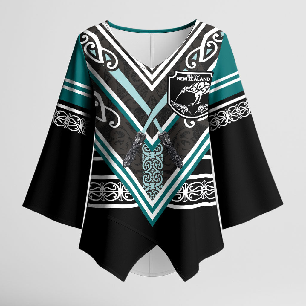New Zealand Maori Rugby Custom Kimono Sleeve Blouse Aotearoa Koru Geometric - Oceanic Color LT03 Female Turquoise - Polynesian Pride