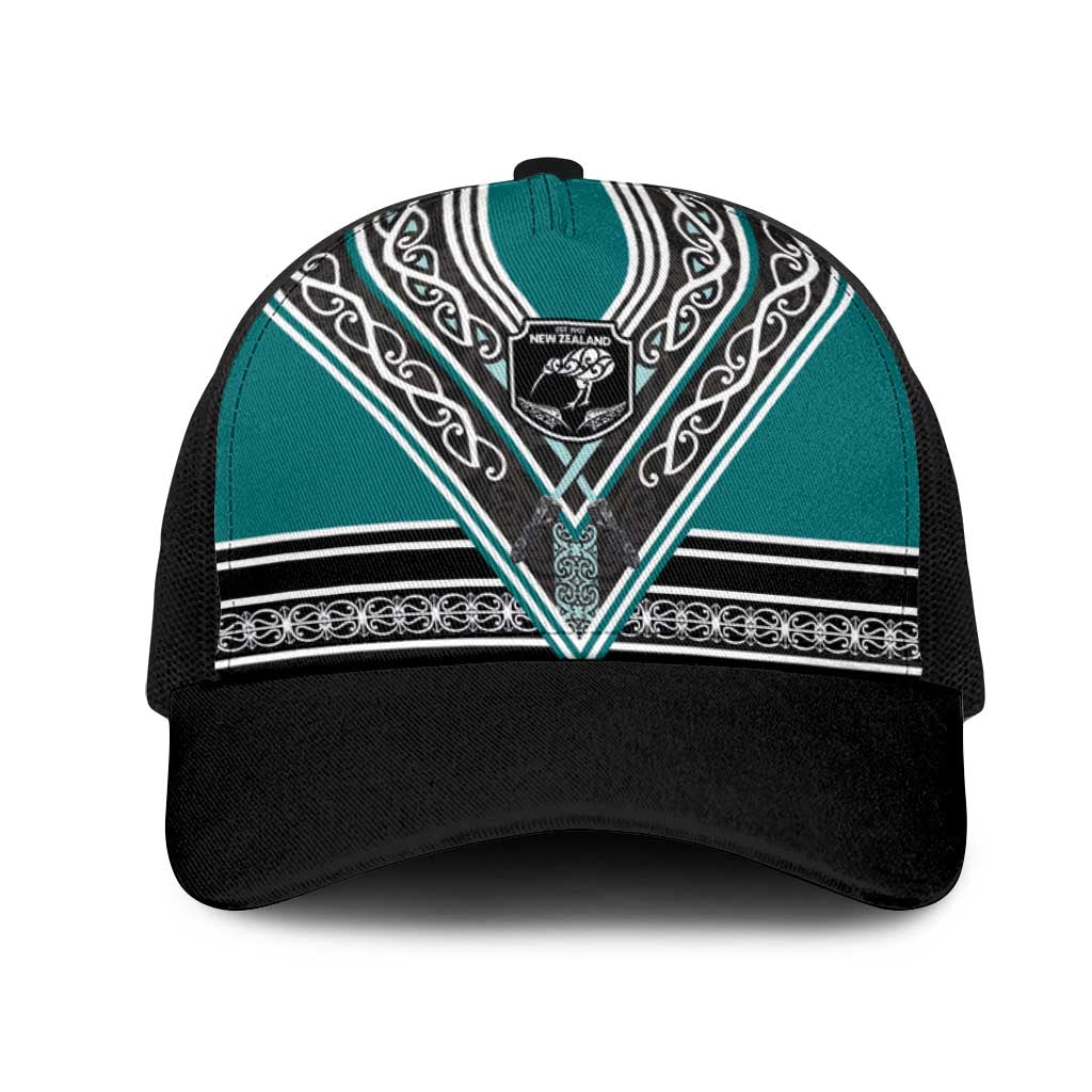 New Zealand Maori Rugby Mesh Trucker Cap Aotearoa Koru Geometric - Oceanic Color LT03 One Size Black Turquoise - Polynesian Pride