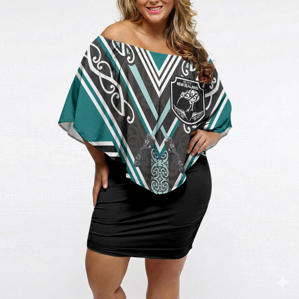 New Zealand Maori Rugby Custom Off Shoulder Short Dress Aotearoa Koru Geometric - Oceanic Color LT03 Women Turquoise - Polynesian Pride