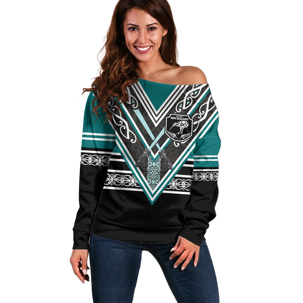 New Zealand Maori Rugby Custom Off Shoulder Sweater Aotearoa Koru Geometric - Oceanic Color LT03 Women Turquoise - Polynesian Pride