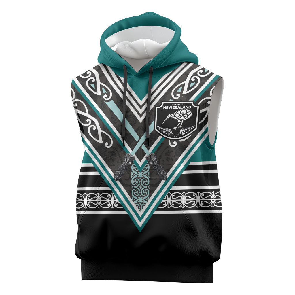 New Zealand Maori Rugby Custom Sleeveless Hoodie Aotearoa Koru Geometric - Oceanic Color LT03 Turquoise - Polynesian Pride