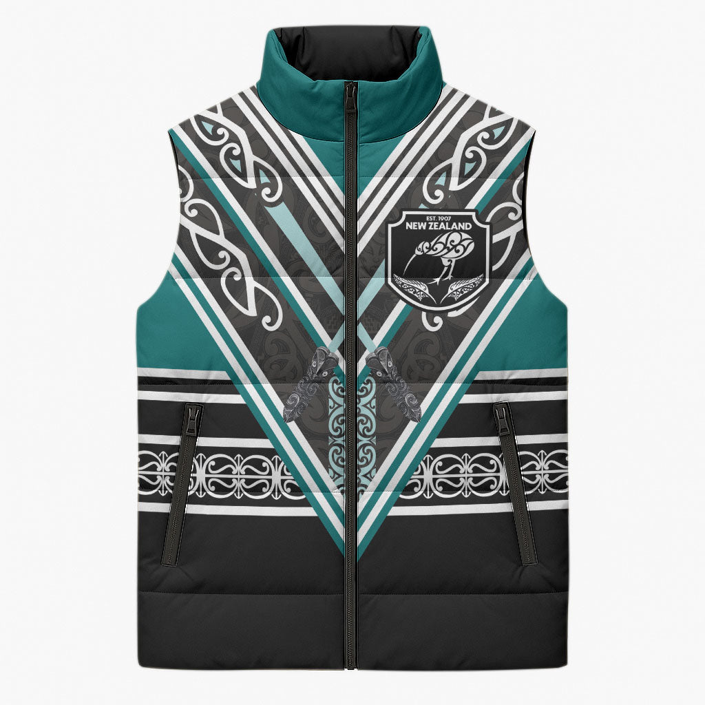New Zealand Maori Rugby Custom Sleeveless Puffer Jacket Aotearoa Koru Geometric - Oceanic Color LT03 Unisex Turquoise - Polynesian Pride