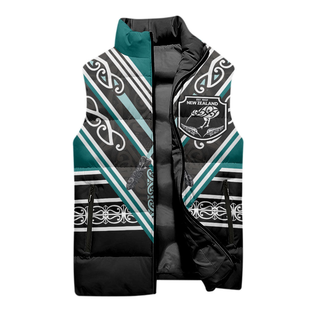 New Zealand Maori Rugby Custom Sleeveless Puffer Jacket Aotearoa Koru Geometric - Oceanic Color LT03 - Polynesian Pride