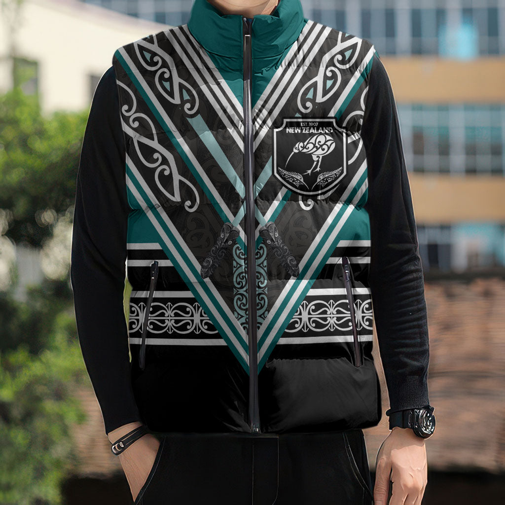New Zealand Maori Rugby Custom Sleeveless Puffer Jacket Aotearoa Koru Geometric - Oceanic Color LT03 - Polynesian Pride