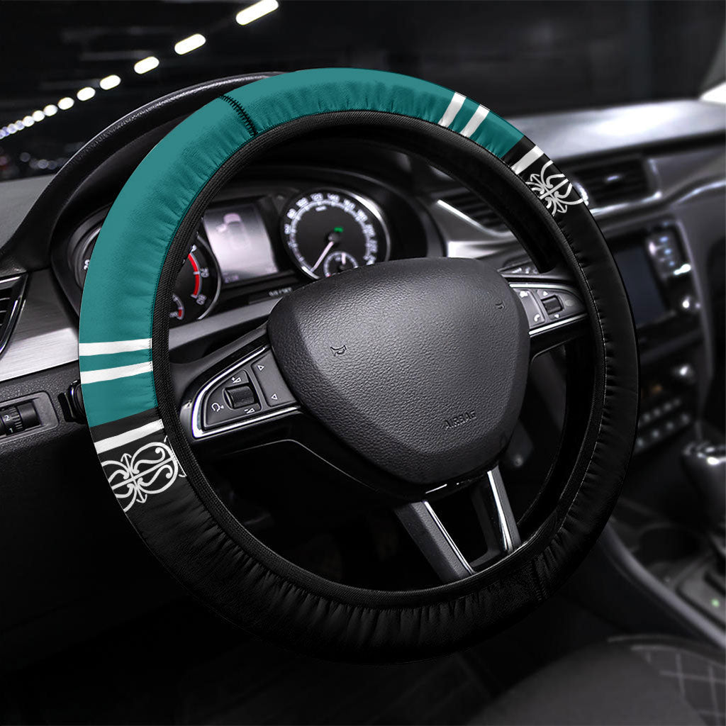 New Zealand Maori Rugby Steering Wheel Cover Aotearoa Koru Geometric - Oceanic Color LT03 Universal Fit Turquoise - Polynesian Pride