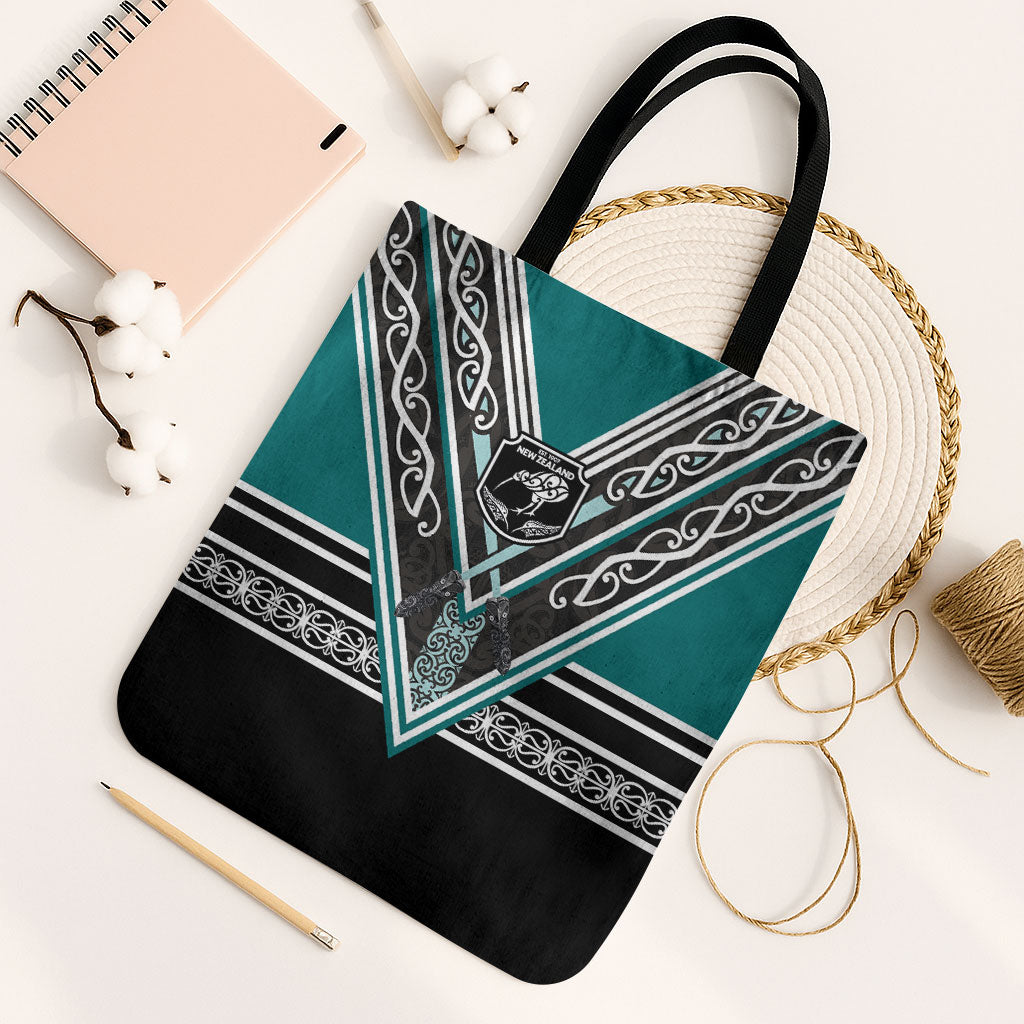 New Zealand Maori Rugby Tote Bag Aotearoa Koru Geometric - Oceanic Color LT03 Black Strap One Size Turquoise - Polynesian Pride