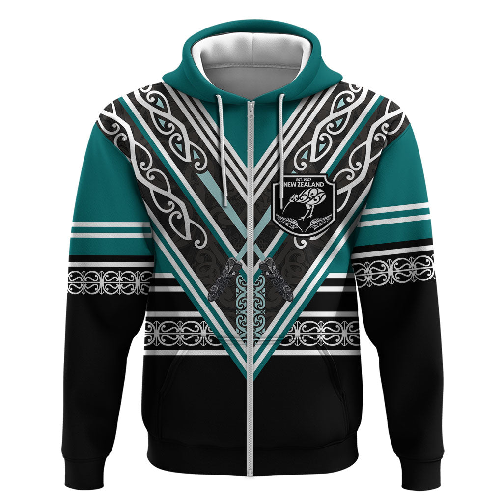 New Zealand Maori Rugby Custom Zip Hoodie Aotearoa Koru Geometric - Oceanic Color LT03 Zip Hoodie Turquoise - Polynesian Pride
